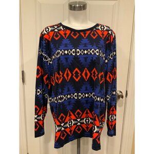 L-RL Ralph Lauren Active Red White & Blue Geometric Azec Print Top, Size 3X